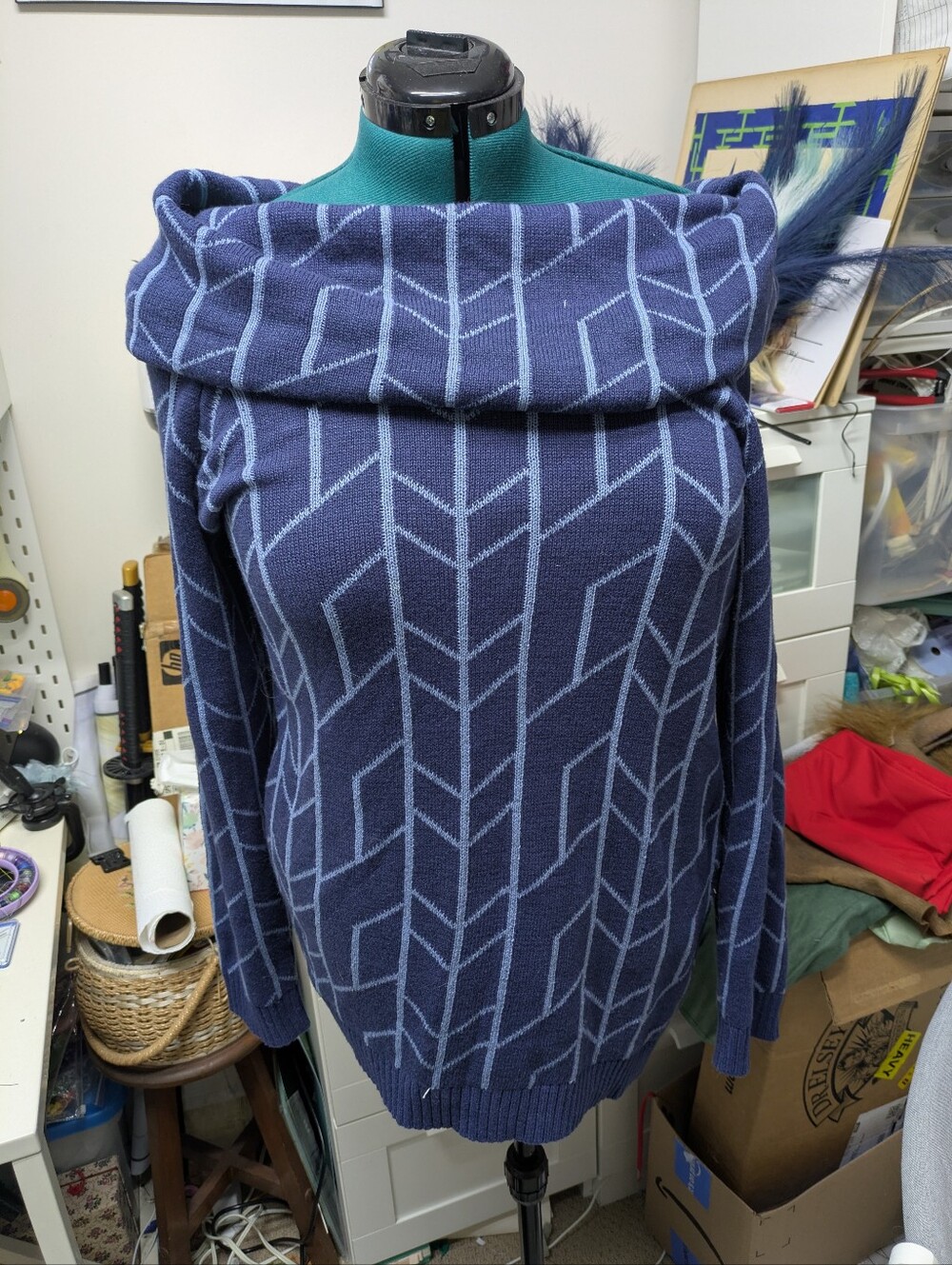 Her Universe Wonder Woman Navy Light Blue Off-Shoulder Geometric Sweater